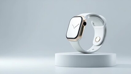 Modern smart watch with sleek white strap displayed on minimal pedestal against light background. Elegant wearable technology accessory for fitness, health tracking, and daily productivity - Powered by Adobe