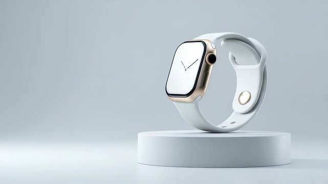 Modern smart watch with sleek white strap displayed on minimal pedestal against light background. Elegant wearable technology accessory for fitness, health tracking, and daily productivity - Powered by Adobe