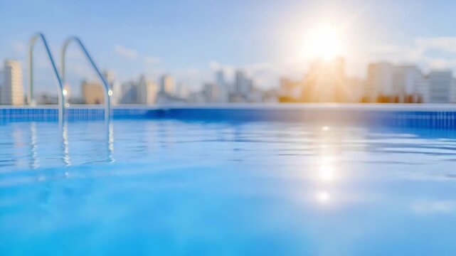 Rooftop Pool Oasis: A tranquil rooftop pool invites with its shimmering azure water, offering a refreshing escape with panoramic city views under a bright summer sky. 