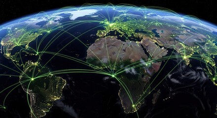 Earth globe with glowing digital network lines connecting continents