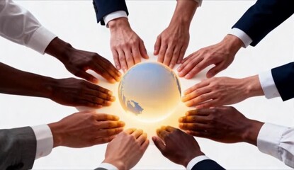 four diverse hands reaching from minimalist globe hologram, connected by glowing blue geometric lines, human solidarity day, global unity and tech connection - Powered by Adobe