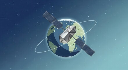 Naklejka premium Communications device orbits the planet earth against a starry expanse