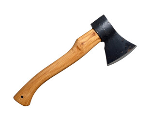 A sharp axe with a wooden handle on a transparent backdrop