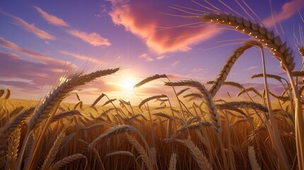 A close-up view of wheat stalks with the setting or rising sun peeking through, creating a lens flare effect and casting a radiant light. The sky above is a beautiful blend of purples and oranges, enh