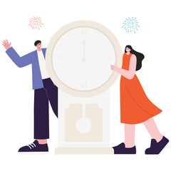 New Year 2026 Illustration. Vector illustration of Couple stands by a large clock at midnight with fireworks, welcoming the new year 2026. Isolated on background
