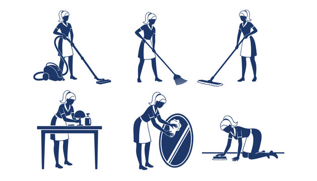 Set of six blue silhouette icons depicting a female cleaner performing various household chores like vacuuming, sweeping, mopping, dusting, polishing a mirror, and scrubbing the floor - Powered by Adobe