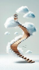 A whimsical wooden staircase ascends into the sky, disappearing into clouds, with a small structure at its peak, symbolizing aspiration and dreams.