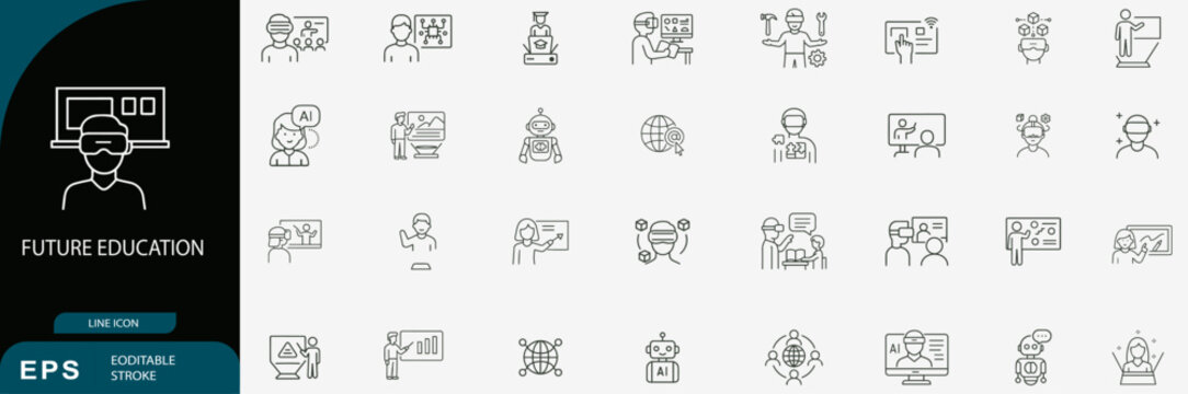 Future education line icons virtual reality technology vector set