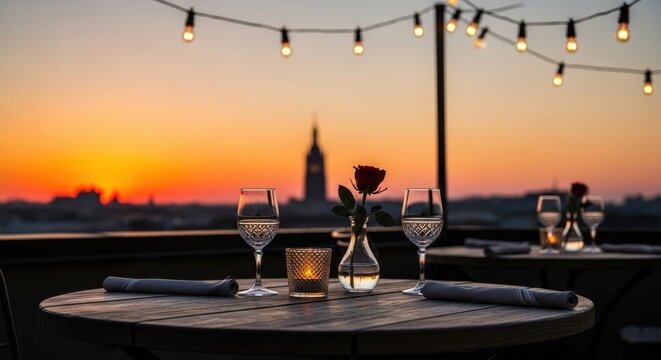 Romantic rooftop restaurant table setting with wine and sunset view - Powered by Adobe