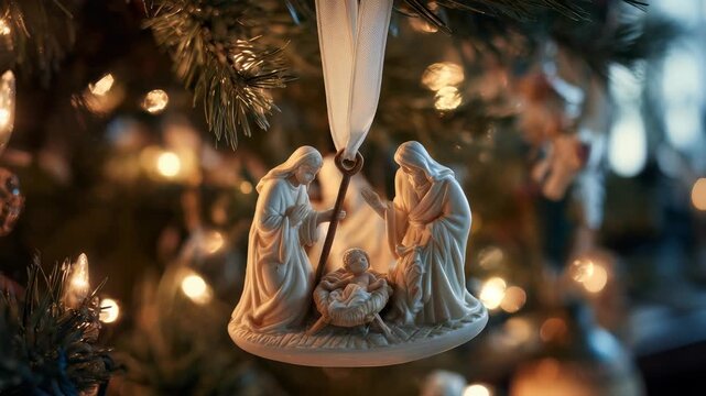 Beautiful nativity scene Christmas ornament hanging on a decorated tree, illuminated by warm festive lights. Symbolic holiday decoration celebrating the birth of Jesus in a cozy home setting
