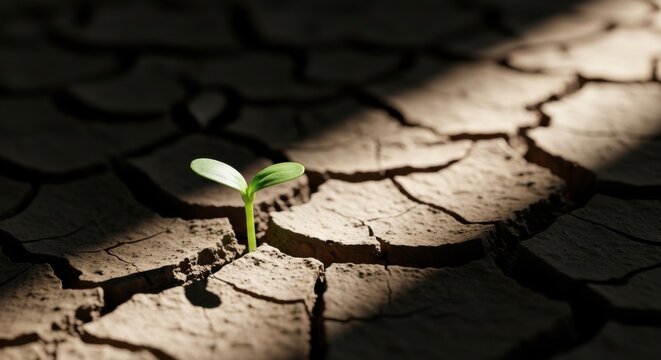 Small green plant growing through dry cracked earth ground