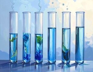 Laboratory test tubes with blue liquid, representing nature, science, and experiments