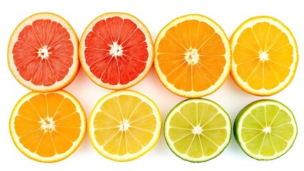 Obraz premium Fresh slices of grapefruit, orange, lemon, and lime arranged in a row with bright colors and realistic texture on a transparent background. Perfect for food, health, and summer-themed designs