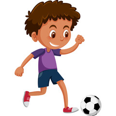 Joyful young boy with brown skin and dark curly hair playing soccer in a purple shirt and blue shorts with red shoes on a transparent background representing childhood activity and outdoor fun