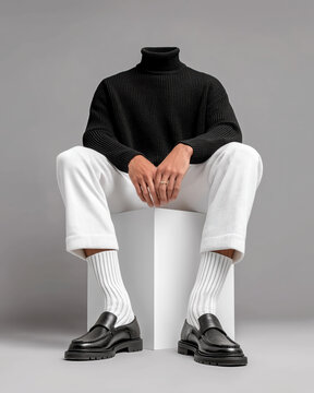 Headless Male Model In Black Turtleneck And White Pants Sitting On Cube Wearing Loafers