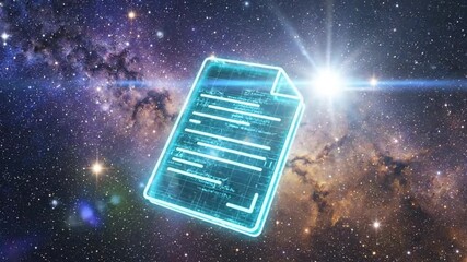 Glowing digital document with text floating in a starry galaxy with a bright star flare