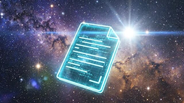 Glowing digital document with text floating in a starry galaxy with a bright star flare