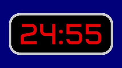 Countdown timer from 25 minute to 24 minute digital with bright red numbers on a black display and blue background