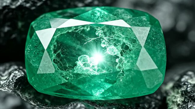 Close-up of a sparkling emerald gemstone on textured surface