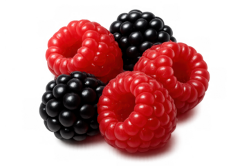 Fresh raspberries and blackberries creating a healthy fruit mix, ripe berries offering natural sweetness, transparent background