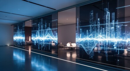 Modern interior space displays glowing digital sound wave visualization over futuristic cityscape graphics