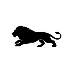 A striking silhouette of a powerful lion in mid-stride, showcasing its majestic mane and muscular physique against a clean white background.
