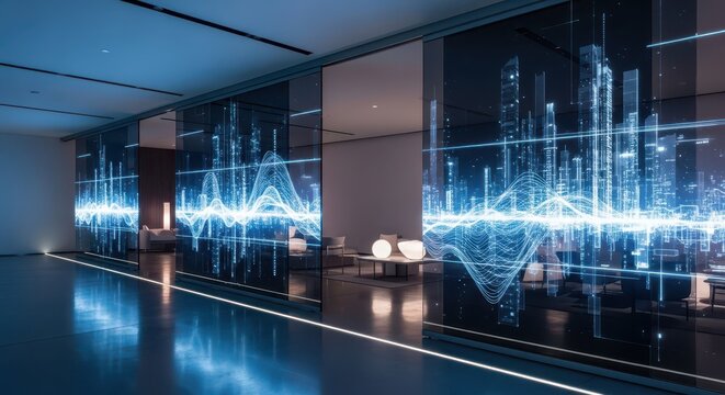 Modern interior space displays glowing digital sound wave visualization over futuristic cityscape graphics