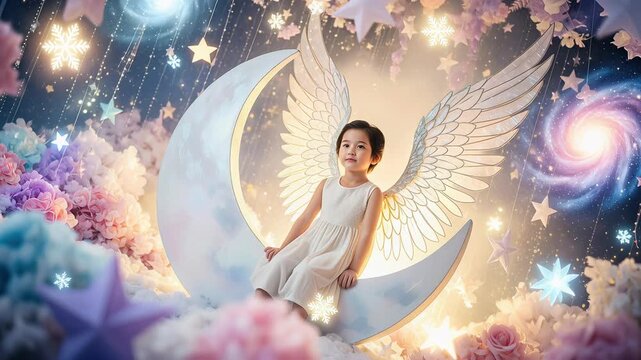 A dreamy angel child moon prop with fairy lights and pastel flowers star decor, celestial theme fantasy art christmas scene angel child moon wings star snowflake flower pastel glow, dreamy fantasy