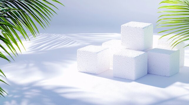 A minimalist scene featuring white textured cubes on a rippled white surface, framed by palm fronds and bathed in dappled sunlight.