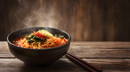 A bowl of kimchi ramen with hot noodles and chopsticks on a wooden table background with copy space for text. Illustration of a food menu and recipe background.