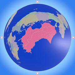 都道府県を色分けした、四国のプラネット風地図
