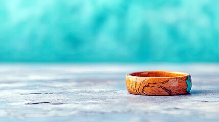 A close-up shot of a unique wooden ring with a turquoise inlay, resting on a textured, weathered surface.