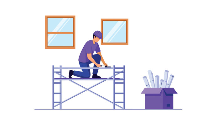 Construction worker or handyman performing maintenance or installation work while kneeling on a scaffolding platform next to a box of rolled blueprints