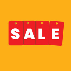 Sale sign with the word SALE in white on four red hanging price tags against a bright orange background.