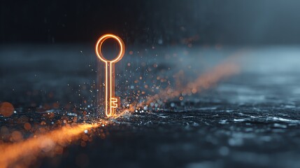 A glowing key symbolizing access and innovation on a reflective surface.