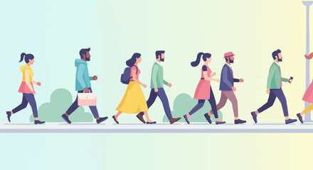 Diverse group of people walking in a line, showcasing unity and movement.