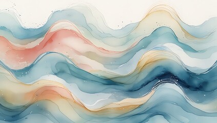 Fototapeta premium Abstract background with flowing waves of blue, pink, and gold in a watercolor style.