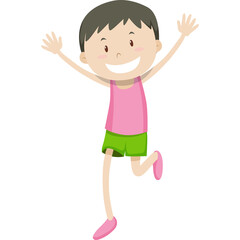 Joyful young boy with brown hair wearing a pink tank top and green shorts running with arms raised in excitement with a white background