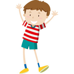 Joyful young boy with short brown hair wearing a red and white striped t-shirt and teal shorts with yellow shoes raising his arms in excitement against a pure white background isolated illustration