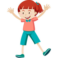 Joyful young girl with red hair and blue eyes smiling with arms raised in playful pose wearing pink t-shirt and blue shorts on transparent background