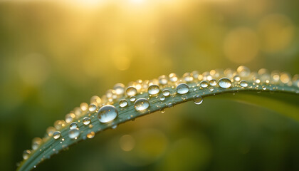 Extremely sharp macro shot of dew drops on a green leaf in golden-hour lighting, featuring crystal-clear details, natural tones, creamy bokeh, and highly refined, noise-free texture.
