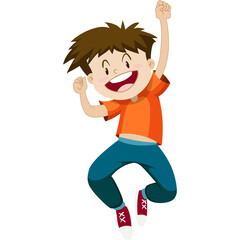 Joyful Young Boy In Orange T Shirt Blue Jeans And Red Sneakers Jumps With Arms Raised In Celebration On Transparent Background