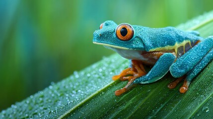 Obraz premium A vibrant blue frog perched on a green leaf covered in dew.