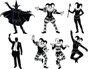Vector Silhouette Set of Dramatic Jester, Harlequin, and Magician Characters in Detailed Costumes and Dynamic Poses for Performance and Entertainment Design