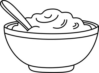 Mashed Potatoes Bowl with Spoon Outline Vector Illustration. Thanksgiving Dinner Food Line Art.