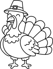 Happy Turkey with Pilgrim Hat Outline Vector for Coloring Book. Thanksgiving Cartoon Bird Line Art.