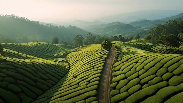 Scenic view of a tea plantation with neatly cultivated rows of tea bushes, a road winding through the landscape, and distant mountains under a hazy sky.