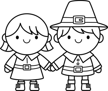 Cute Pilgrim Couple Outline Vector Illustration for Coloring Book. Thanksgiving Boy and Girl Line Art.