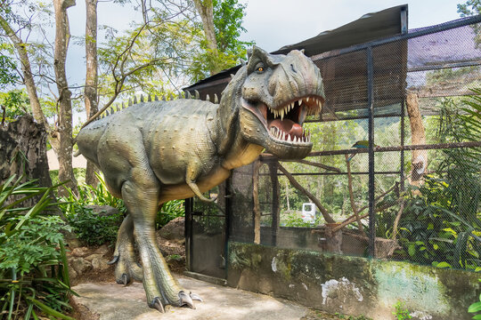 Realistic life-size Tyrannosaurus rex dinosaur replica in an outdoor park exhibit surrounded by trees and vegetation