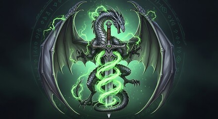 A dragon and snake entwined around a glowing green symbol with wings spread wide